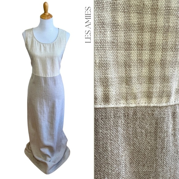 Vintage Carol Anderson California 100% Linen Cottagecore Checkered Neutral Dress - Picture 1 of 11